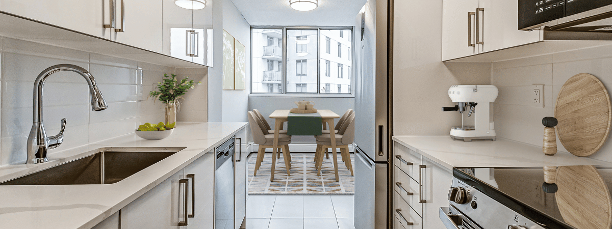 Staged kitchen at Marlborough Court.